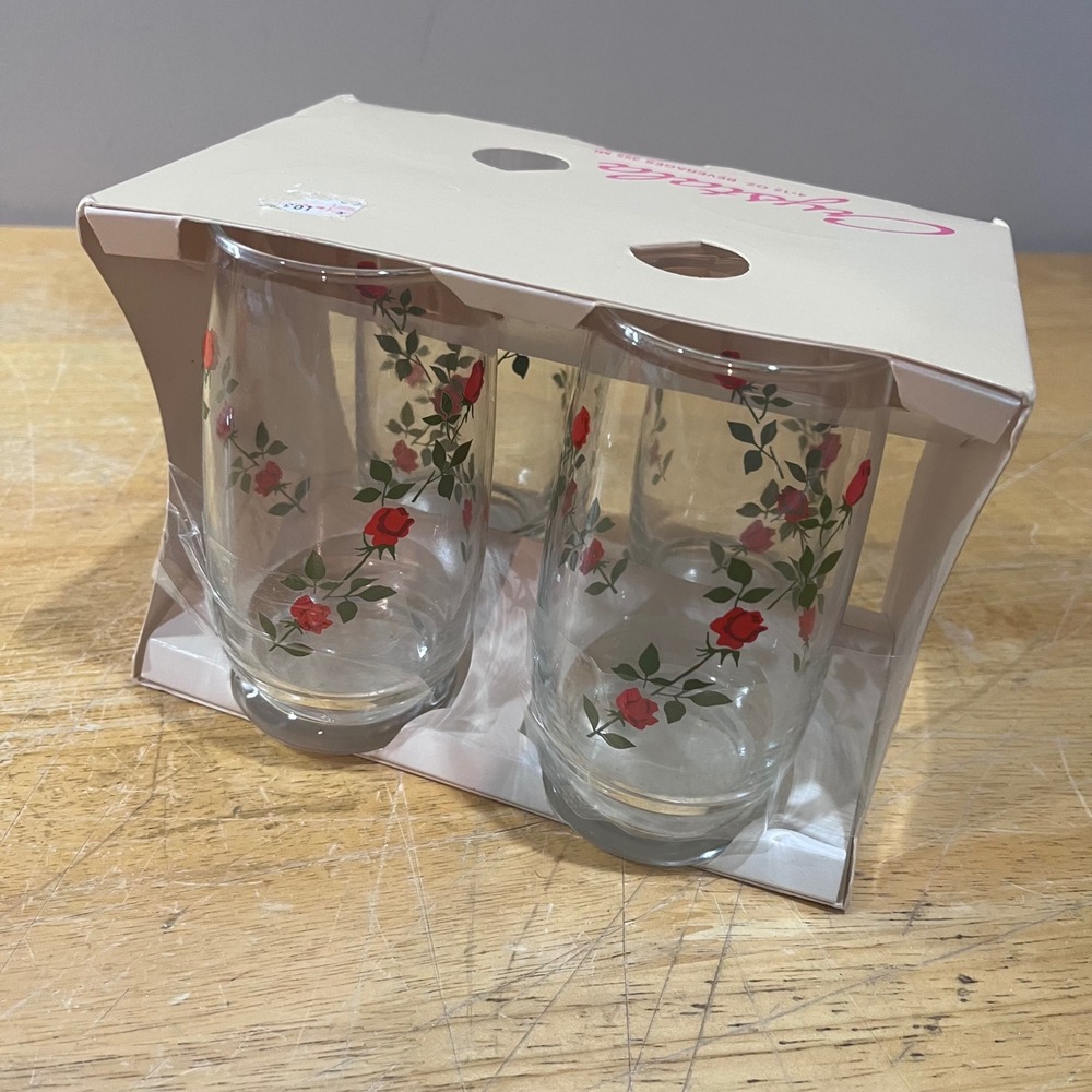Vtg Crystala Red Rose Beverage Glass Set 4pc 12oz Floral‎ Retro Cottagecore